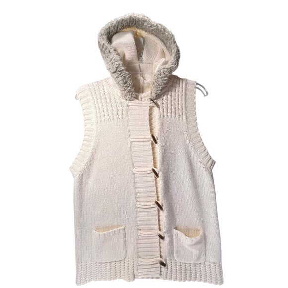 Old Navy Hooded Knit Vest Faux Fur Toggle Buttons Wool Pockets Ivory XL Boho - Picture 1 of 14